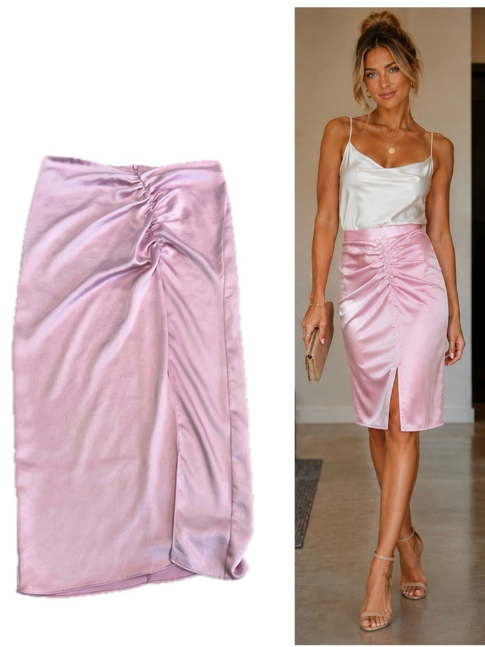 ZARA Light Pink Satin Ruched Midi Skirt Front Slit Elegant Wedding Guest M